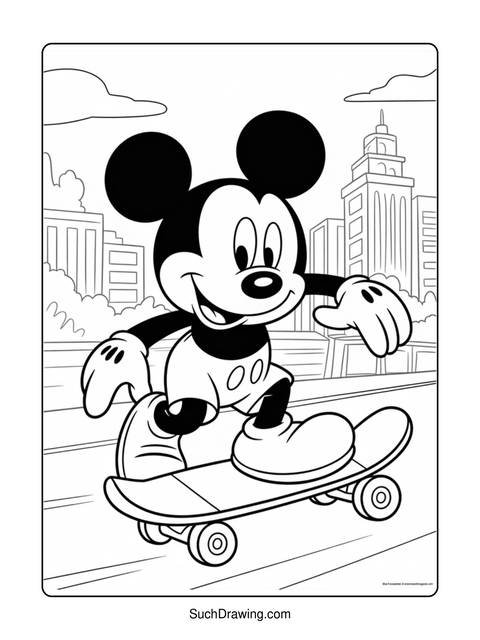Mickey mouse skateboarding in a city, a black and white coloring page