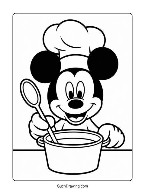 Mickey mouse in a chef's hat stirring a pot with a spoon