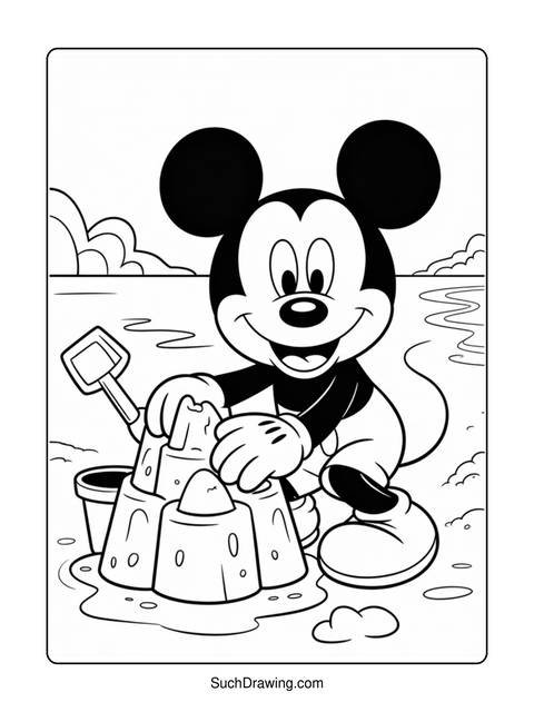Mickey mouse building a sandcastle on the beach with a bucket and shovel