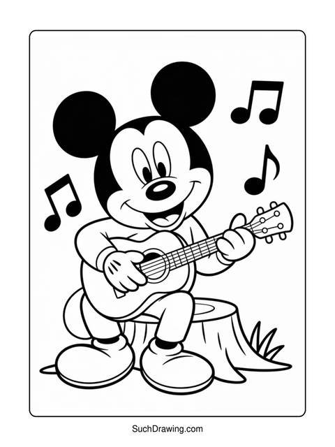 Mickey mouse playing a guitar, surrounded by musical notes, sitting on a stump