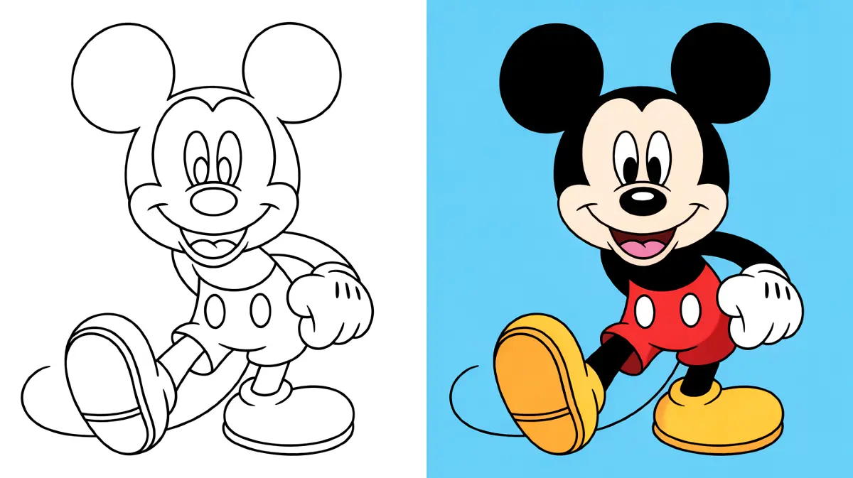 Mickey mouse coloring page: smiling mickey mouse in classic pose, ready to color