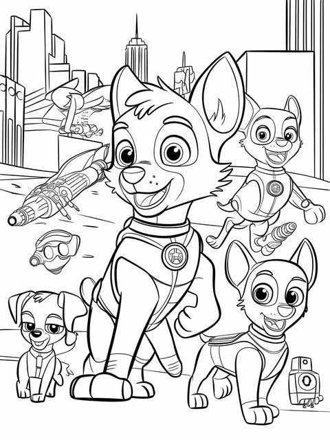Mighty pups chase leading other pups in a coloring page scene of a city