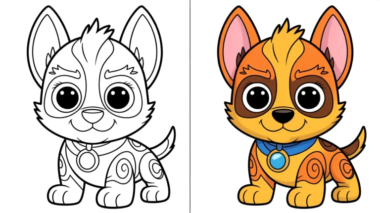 Mighty pups coloring page: a cute puppy in two panels, colored and uncolored
