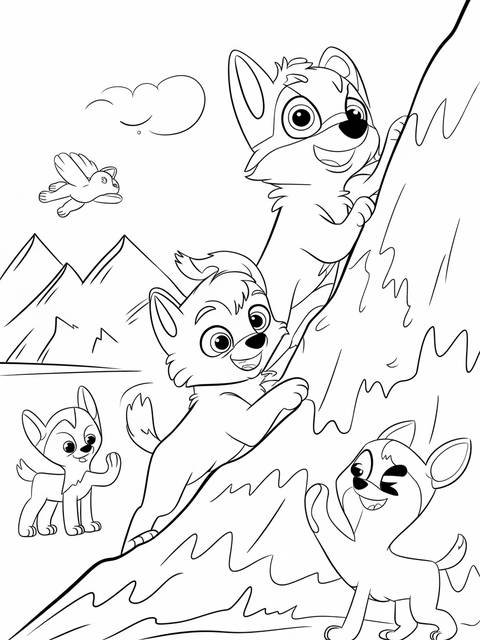 Mighty pups everest scaling a snowy mountain, a coloring page illustration