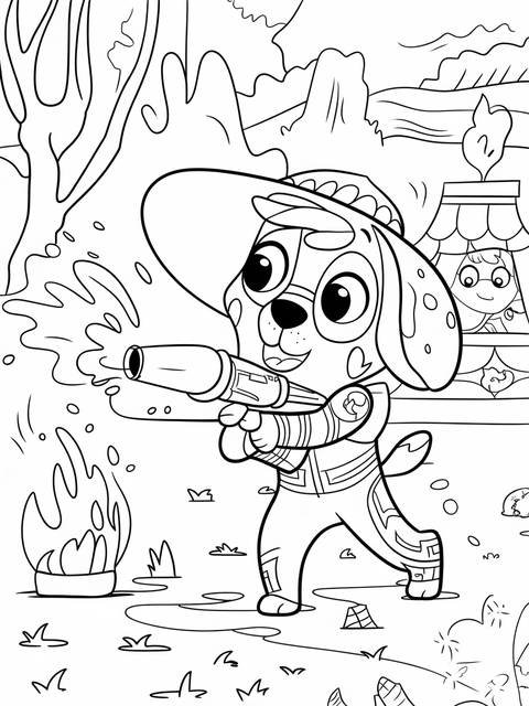 Coloring page of mighty pups marshall using his water can to extinguish fire