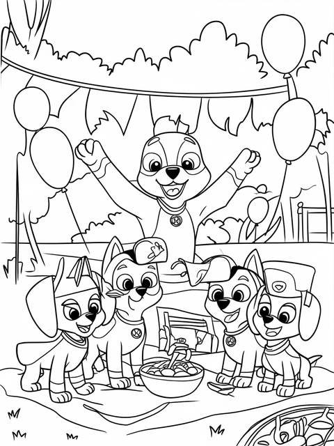 Mighty pups celebrating with balloons and a meal, a coloring page