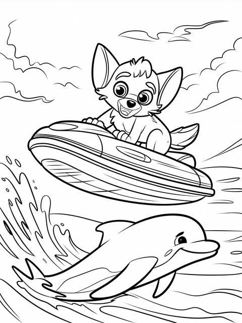 Mighty pups zuma riding waves on a jet ski with a dolphin below