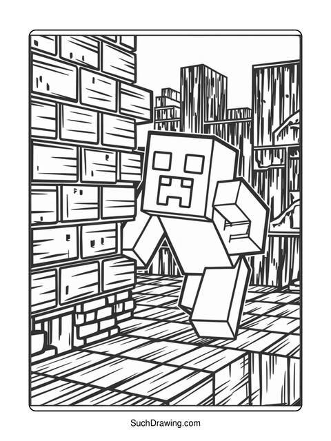 Minecraft character walking in a city, next to a brick wall, coloring page