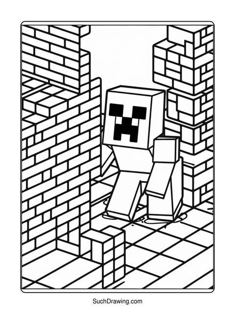 Black and white coloring page of minecraft characters and brick structures
