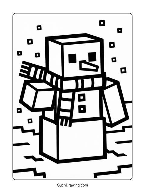 Black and white coloring page of a pixelated snowman with scarf