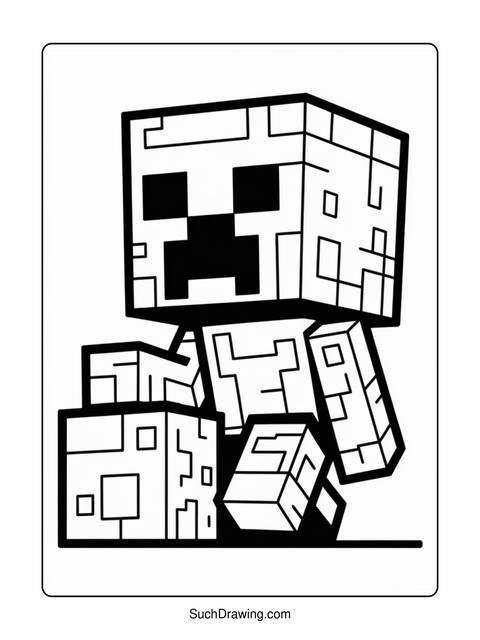 Black and white coloring page of a minecraft creeper character