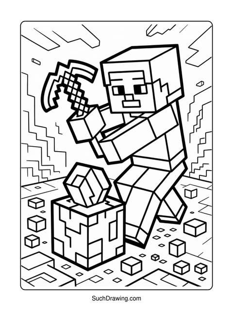 Black and white minecraft character with a pickaxe, working on a block