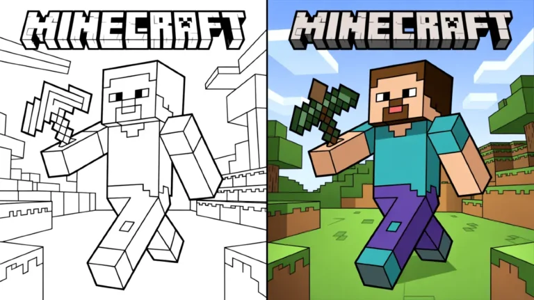 Minecraft coloring page featuring steve holding a pickaxe, ready for adventure