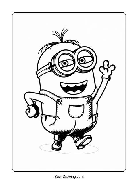 Black and white line drawing of a minion waving hello