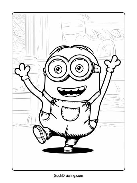A black and white coloring page of a minion with arms raised