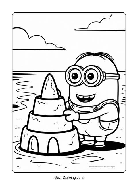A minion building a sandcastle on the beach, with clouds in the background