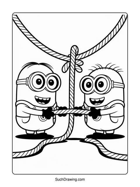 Two minions holding a rope, smiling, in a black and white coloring page