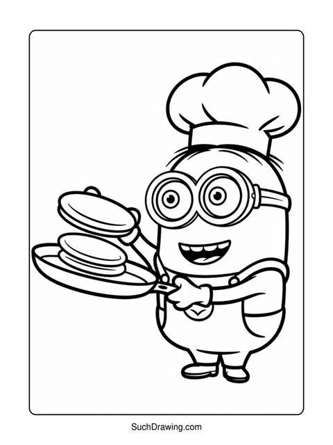 A minion chef holding a pan of pancakes, ready to serve