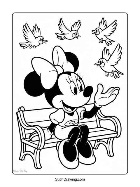 Minnie mouse sitting on a bench, surrounded by birds, coloring page