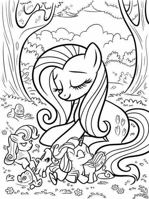 Mlp fluttershy gently tending to a group of ponies in a coloring page