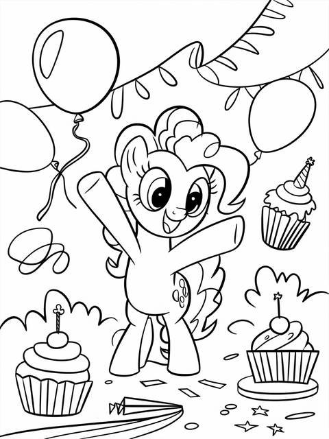 Coloring page of pinkie pie throwing a party with balloons and cupcakes
