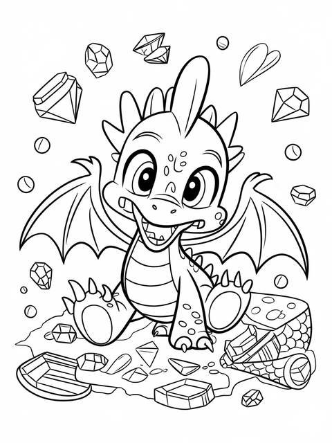 Spike the dragon surrounded by shiny gems, ready to be colored