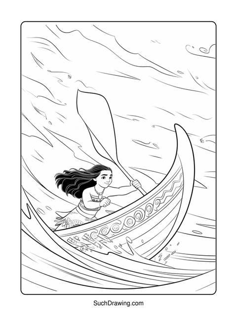 Line drawing of a woman rowing a boat in the ocean