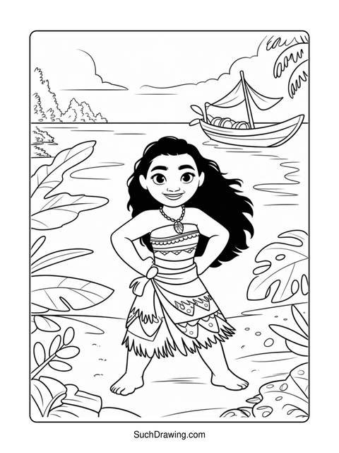 Line art of moana standing on a beach with a boat in the background