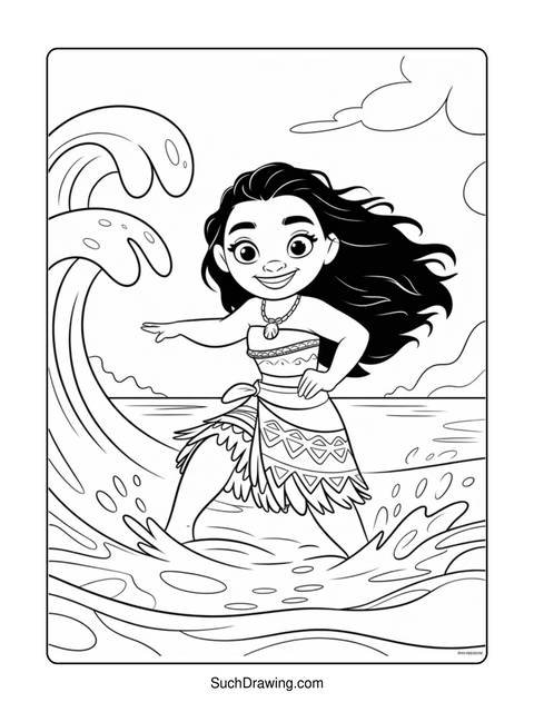 Line art of a girl standing in water, with a wave in the background