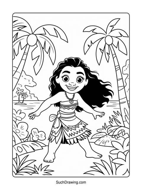 Coloring page of a girl with long hair, palm trees, and tropical plants