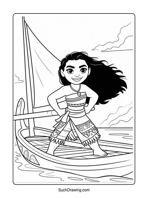 Black and white coloring page of moana standing on a boat