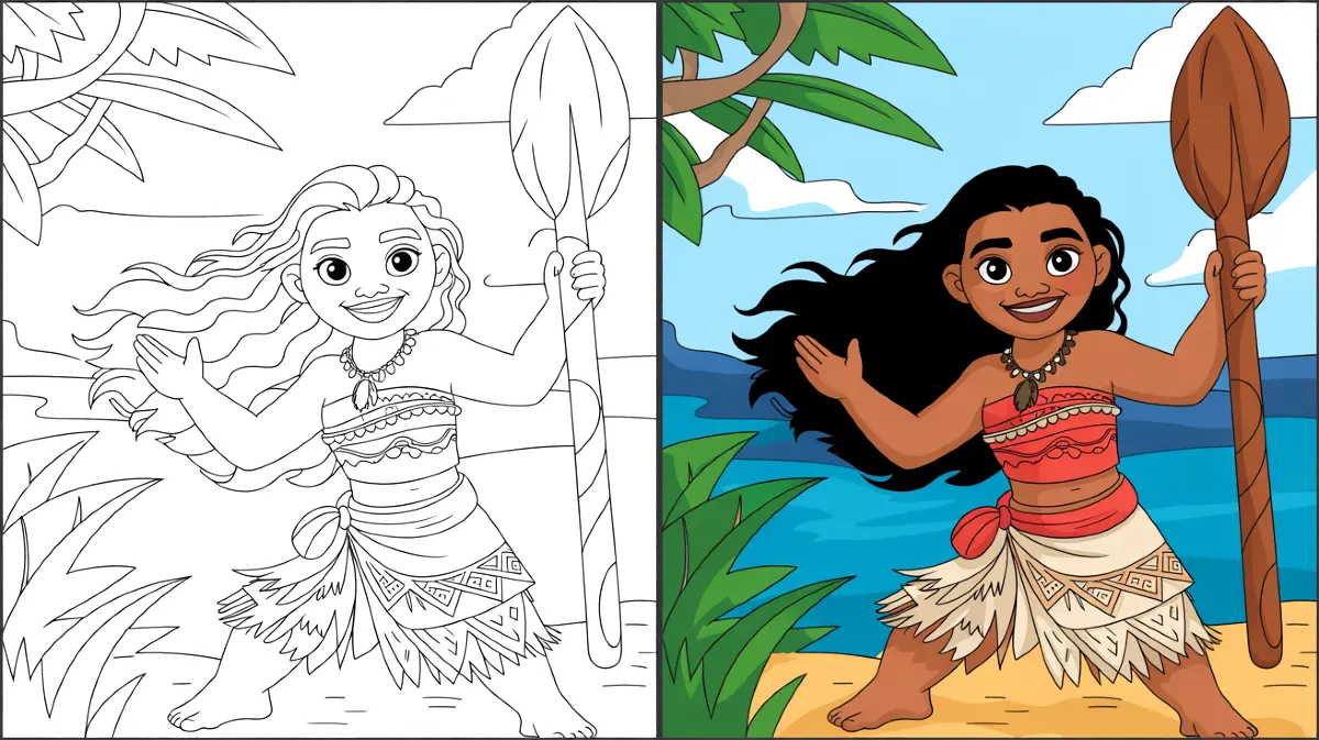Moana, from the disney movie, holding a paddle in a tropical setting