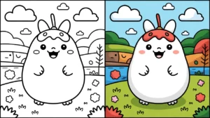 Molang coloring page: a two-panel image of the character in black and white and color