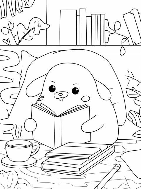 Molang enjoys a cozy day at home, reading a book with coffee nearby