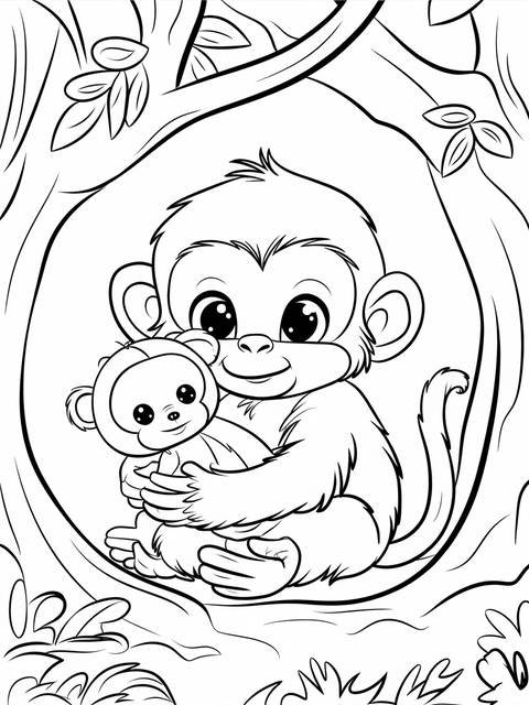 A baby monkey cuddling a stuffed toy monkey within a tree-like frame