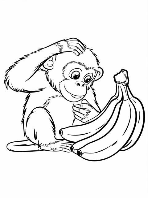 A curious monkey examining a bunch of bananas, as depicted in the coloring page