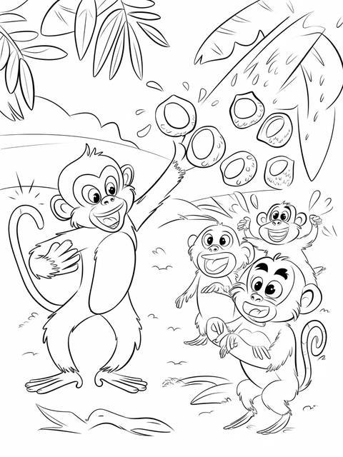 A mischievous monkey throwing coconuts, with other monkeys in a playful scene