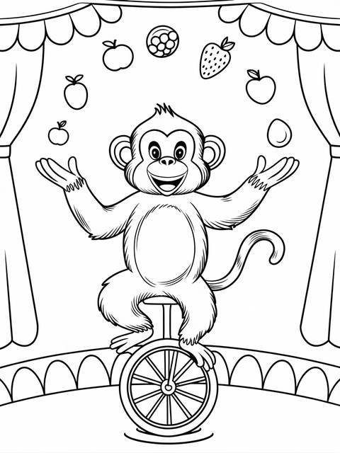 Monkey balancing on a unicycle, juggling fruit in a circus-themed coloring page