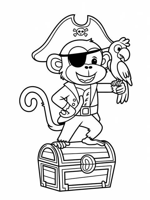 A pirate monkey with a parrot standing on a treasure chest, ready for adventure