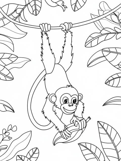 Monkey hanging upside down from a branch, holding a leaf, surrounded by foliage