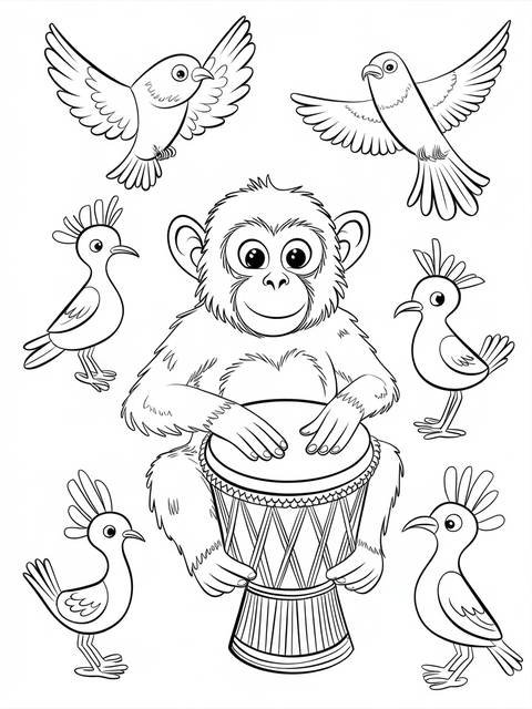 A monkey playing a bongo drum, surrounded by birds, from a coloring page