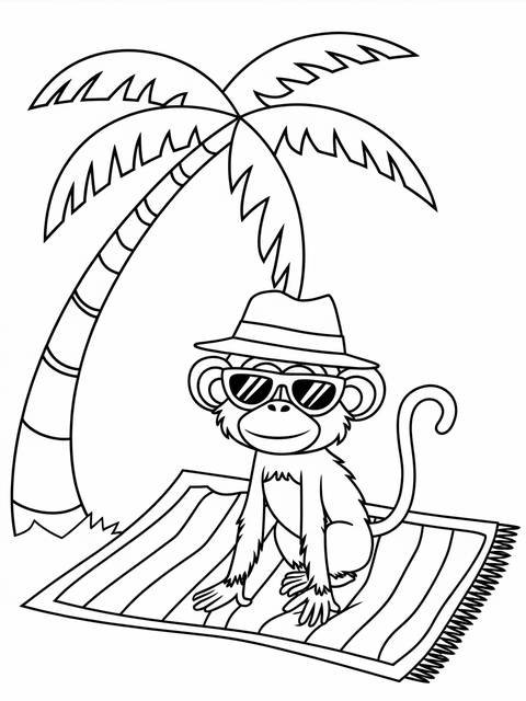 Monkey wearing a hat and sunglasses, relaxing on a beach cover under a palm tree