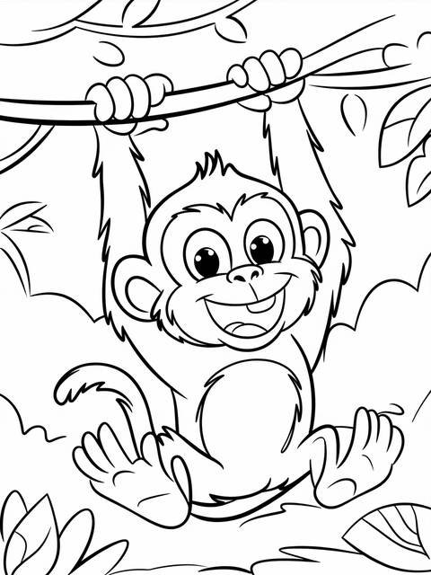 A playful monkey swinging from a branch, smiling, ready to be colored