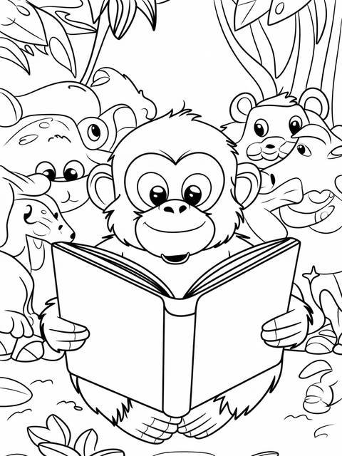 Wise old monkey reading a book, surrounded by other animals in a jungle scene