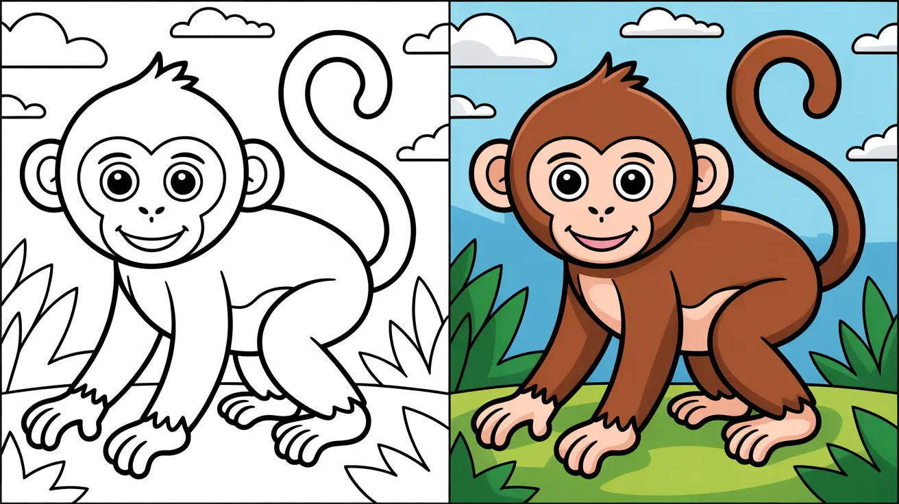 Monkey coloring page: a two-panel image with a smiling monkey illustration