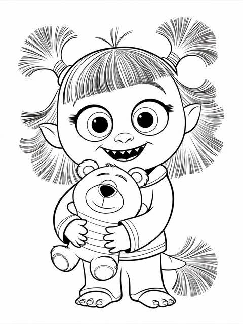 Black and white coloring page of boo from monster inc. holding a teddy bear