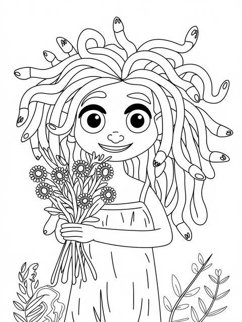 Celia mae from monster inc, medusa-like, holding flowers, ready to be colored
