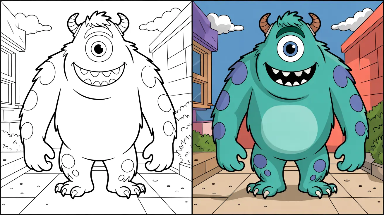 Monster inc. coloring page shows a friendly, one-eyed monster in two panels