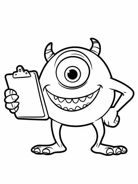 Mike wazowski from monster inc, the one-eyed monster, holding a clipboard