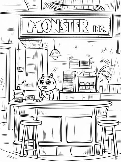 Black and white coloring page of monster inc. cafe scene with a monster character